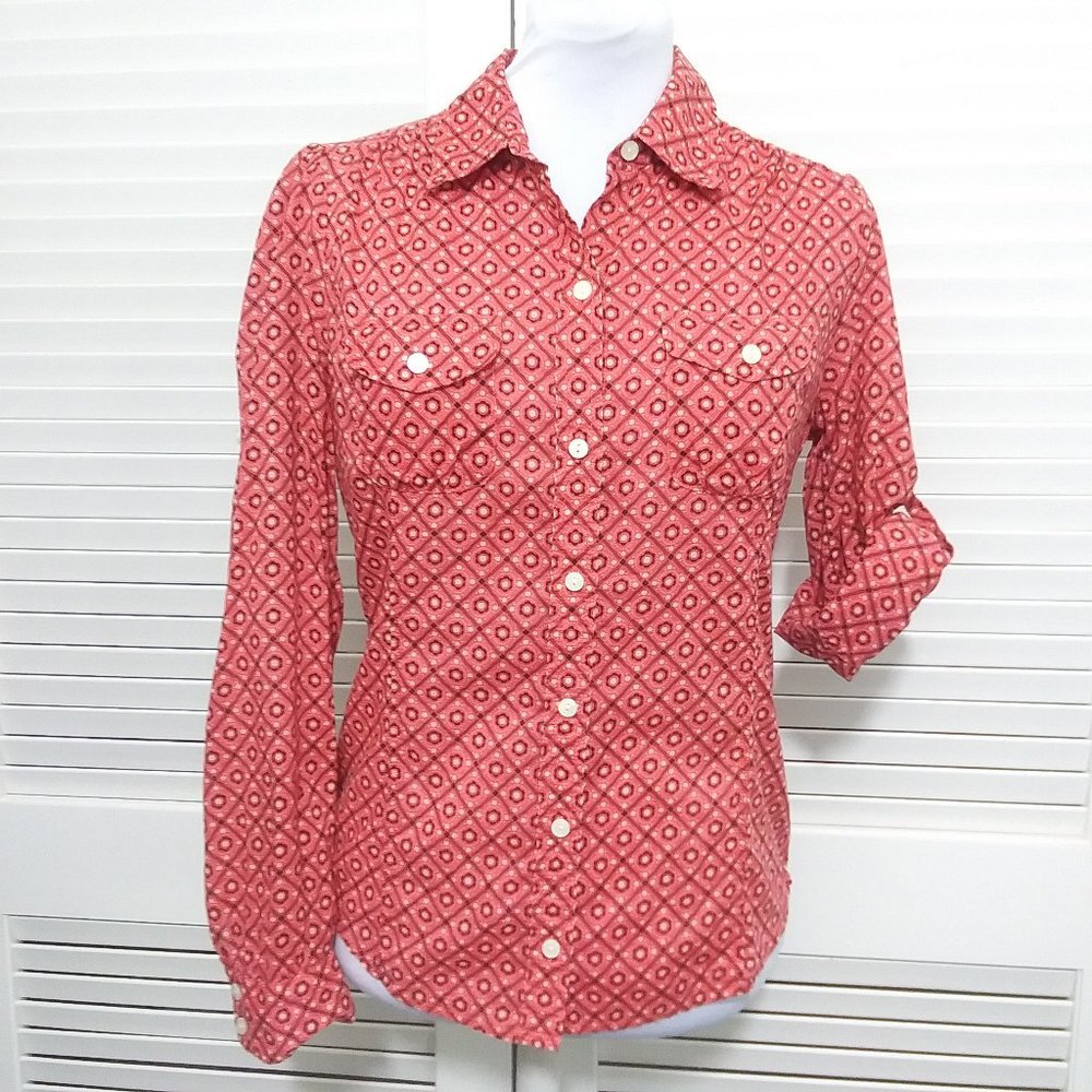 Lucky Brand Blouse Button Front 100% Cotton Roll Tab Sleeves Women's‎ Medium
